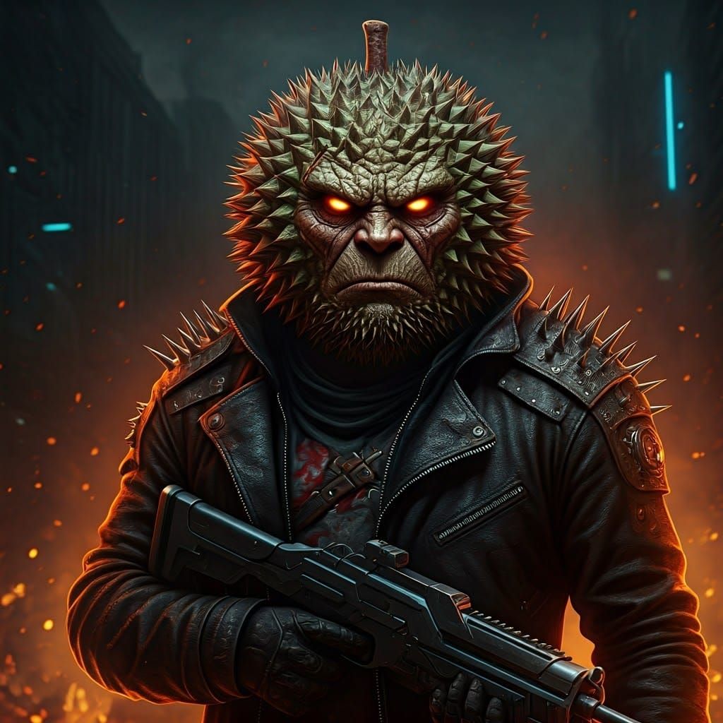 Cyberpunk Durian Warlord Radiates Fury in Dystopian Metropol...