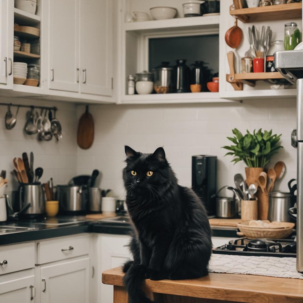 Fluffy Black Cat Watching in Kitchen