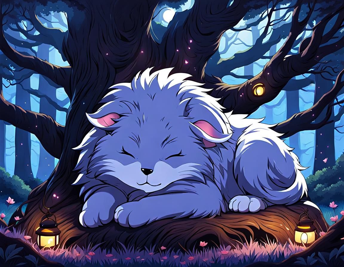 Furry Creature Sleeps in Enchanted Forest