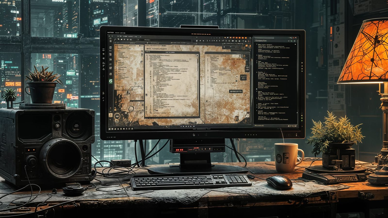 Minimalist Cyberpunk Desktop Wallpaper with Retro UI