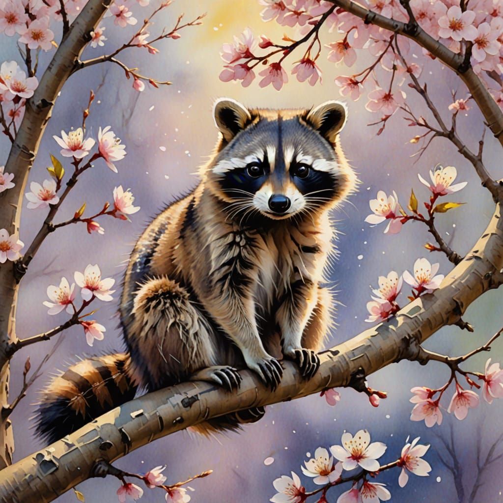 Ethereal Raccoon in Cherry Blossom Paradise