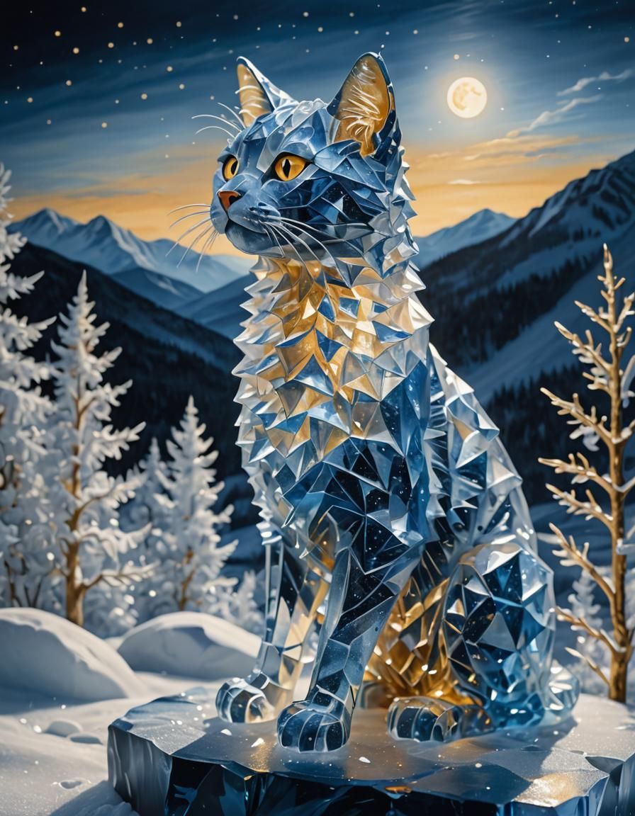 Icy Cat Crystal Sculpture in Winter Landscape