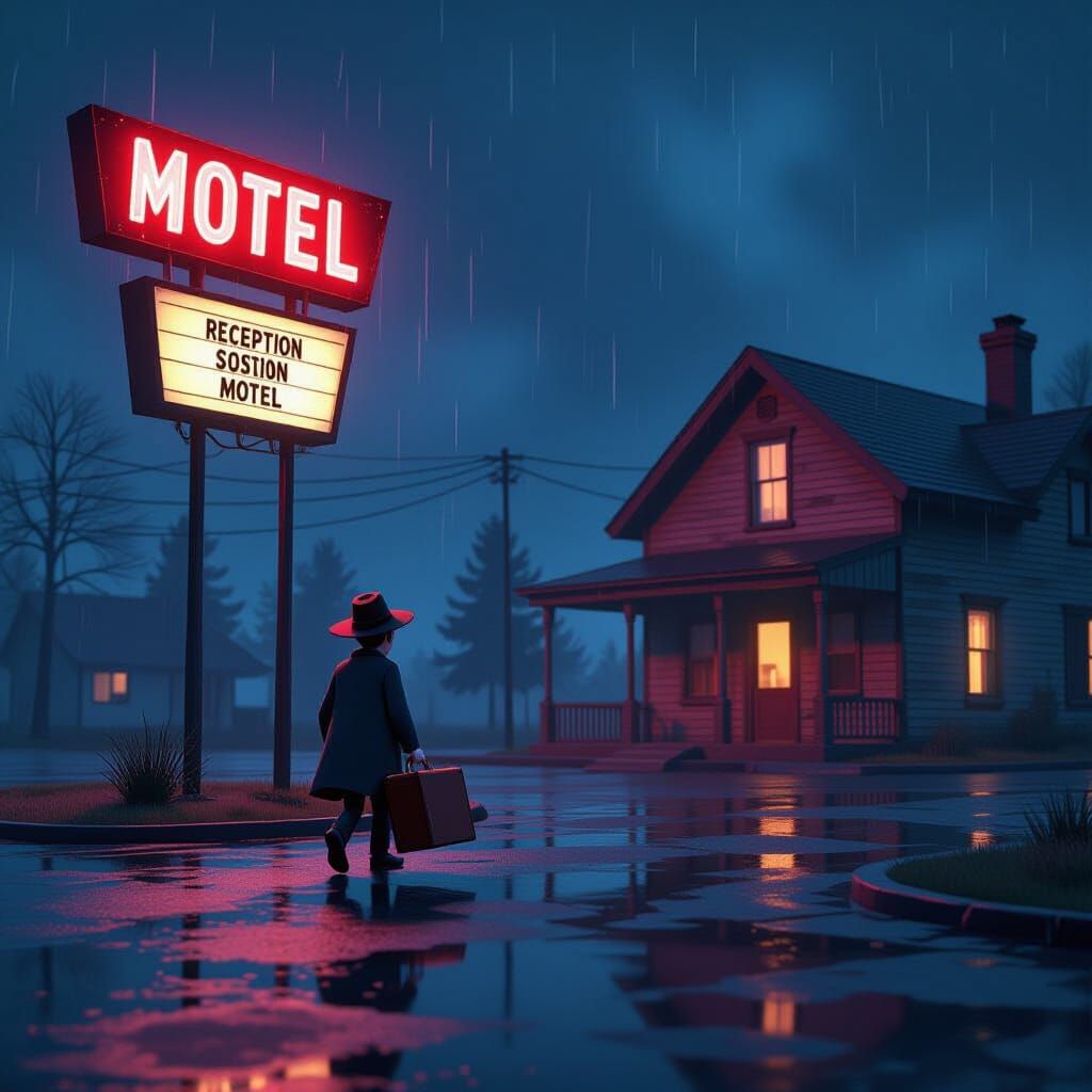 Pixar Style Spooky Motel on Rainy Night