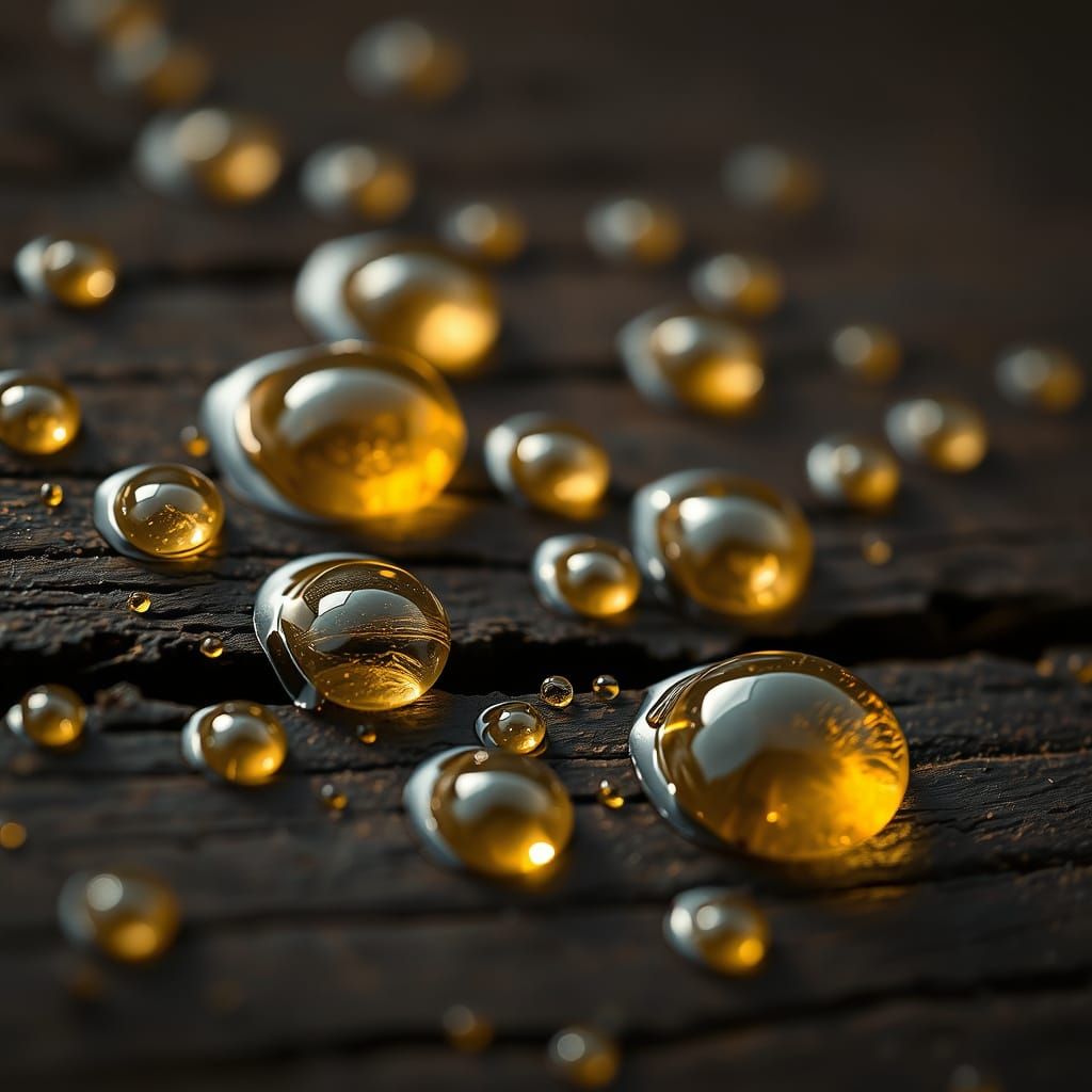 Golden Copal Droplets on Dark Wood