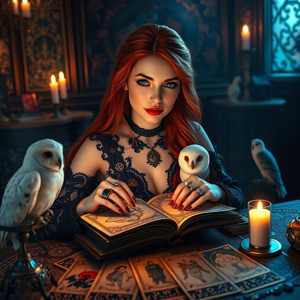 Enchanted Tarot Reader in Mystical Chamber