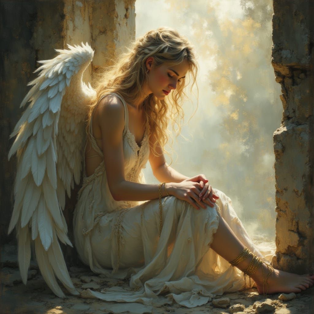Fallen Angel in Ruined Temple with Golden Light