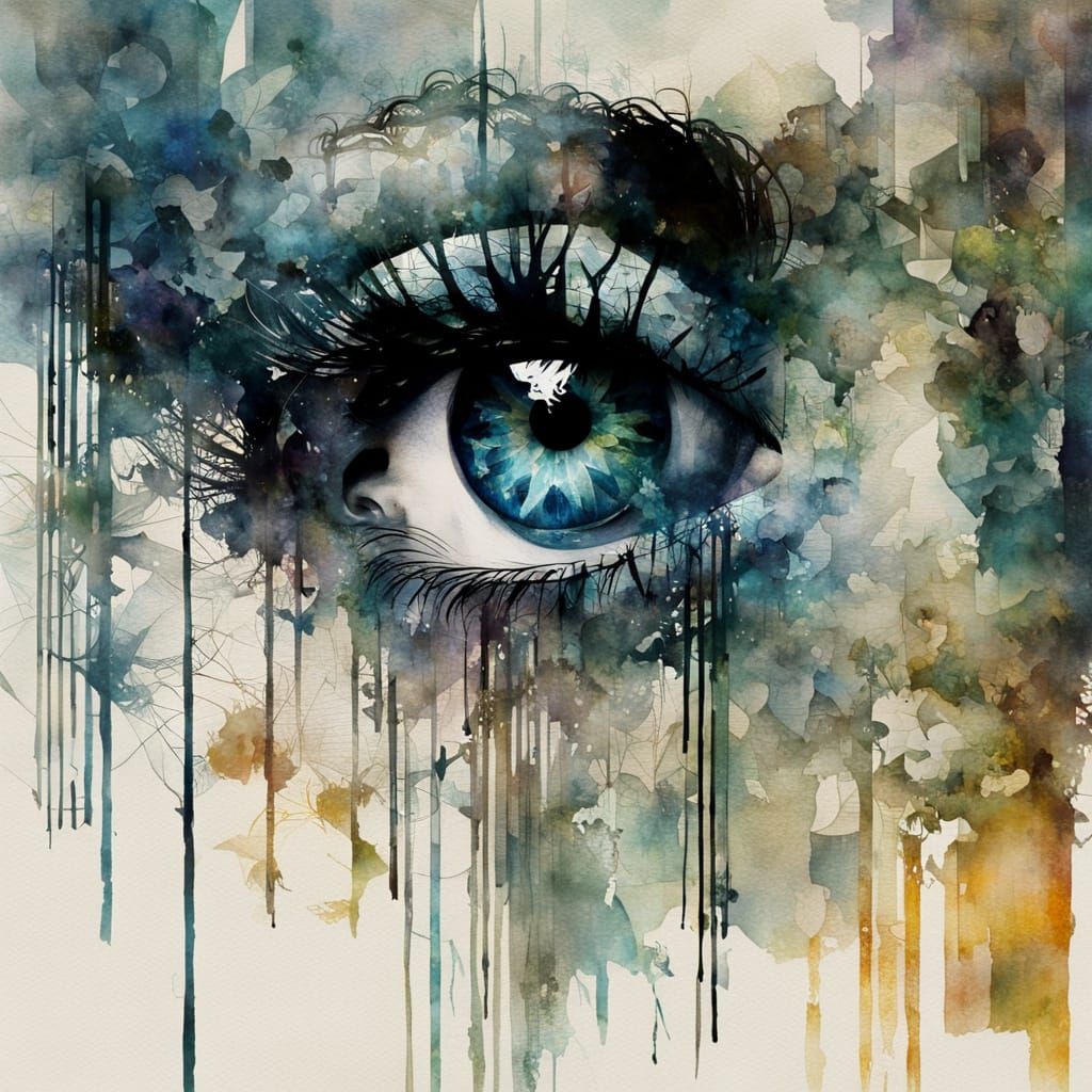Moody Double Exposure with Phantom Eyes in Watercolor Style
