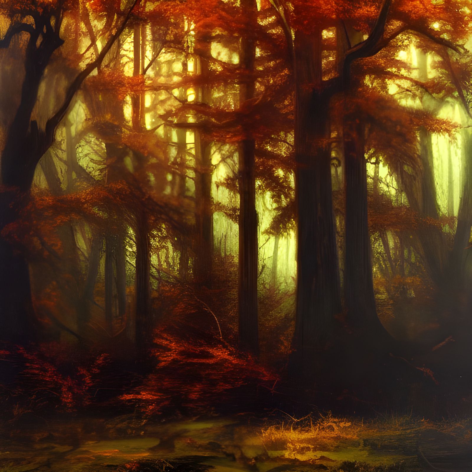 Grimdark Haunted Forest with Cryptids, Oil Painting