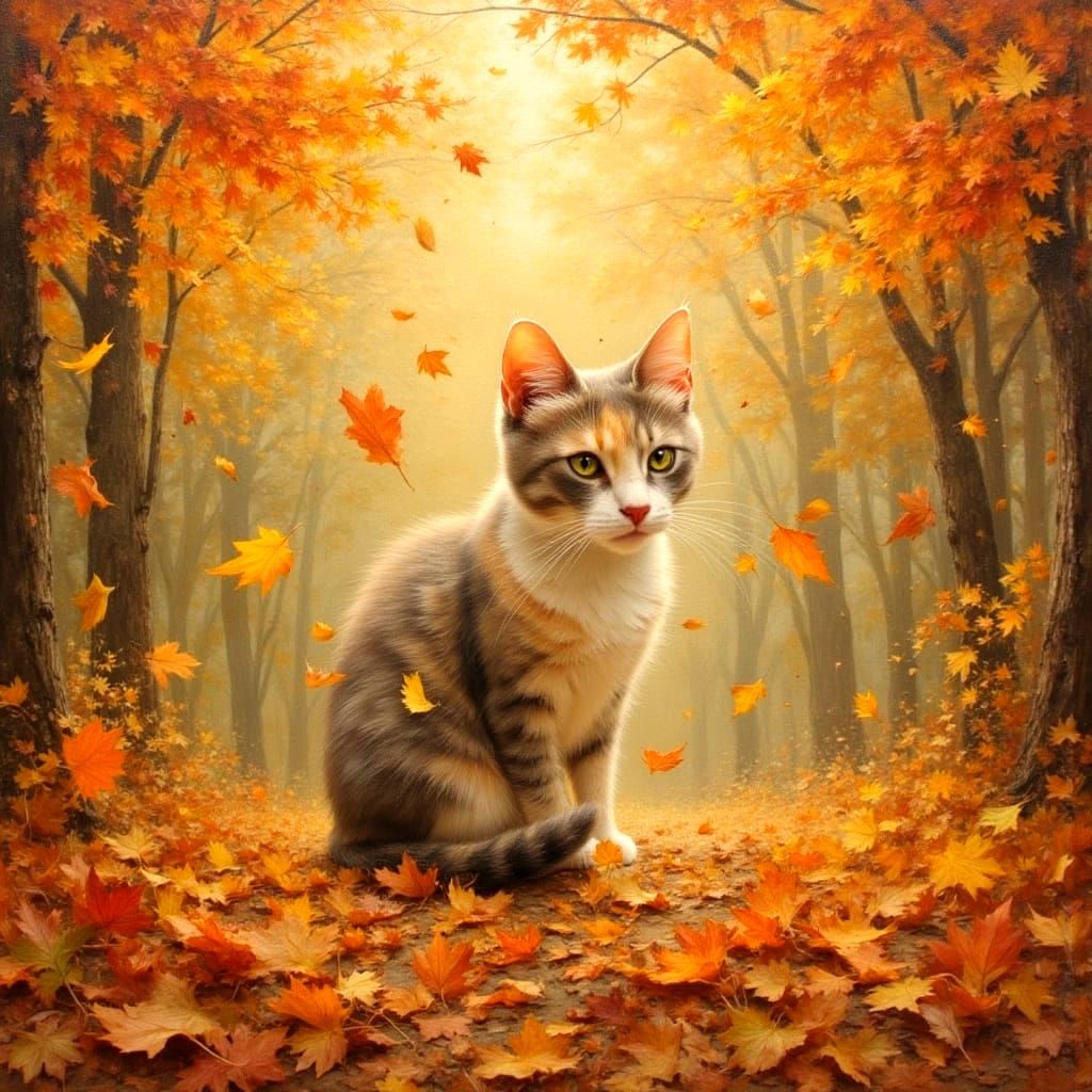 Pearl Cat with Autumn Leaves as Impasto Painting