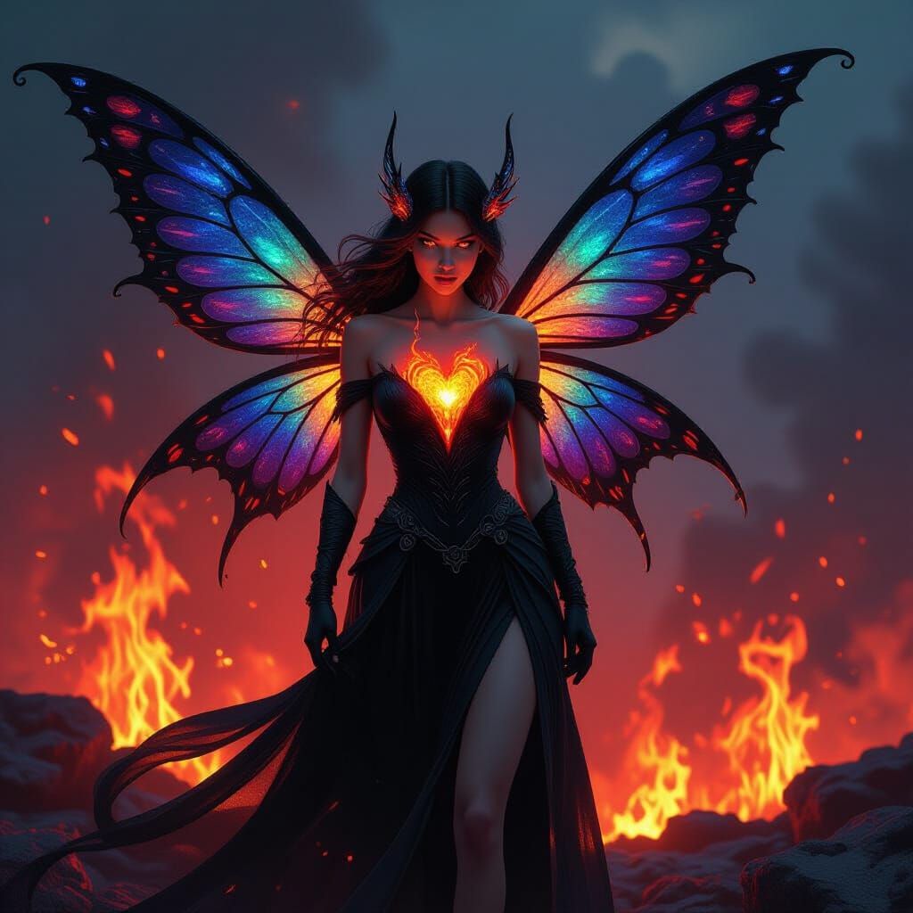 Lava Fairy with Obsidian Wings in Volcanic Flames