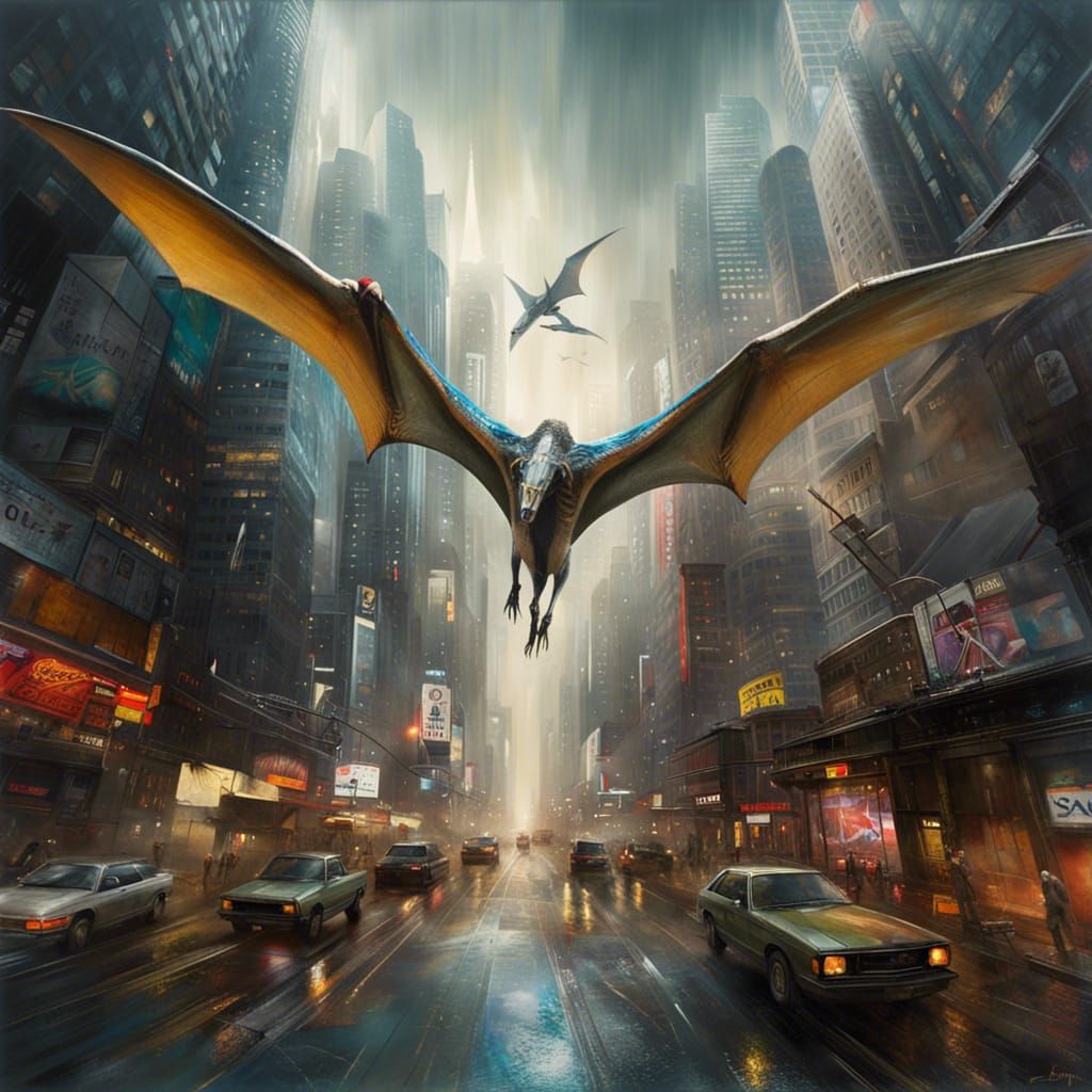 Retrofuturist Pterosaur Soars Above Cyberpunk Cityscape