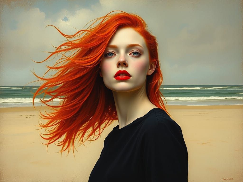 Redheaded Figure in a Desolate Beach Landscape