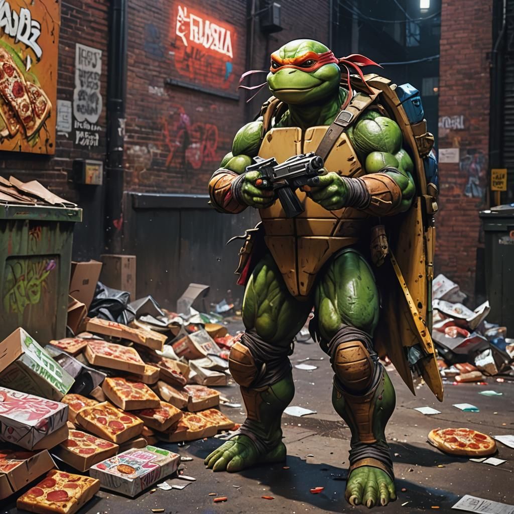 Cyberpunk Ninja Turtle in Gritty Cityscape