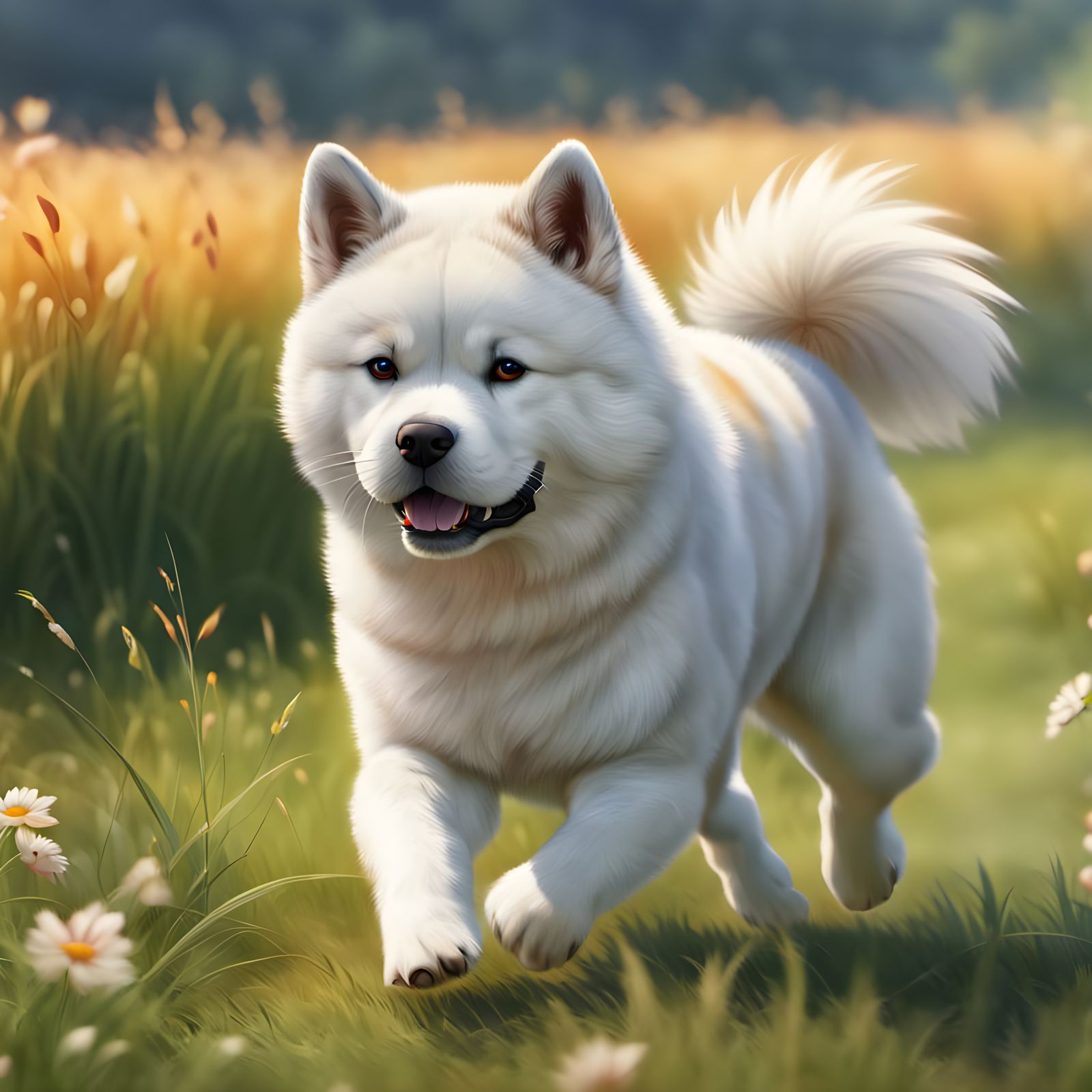 Japanese Akita Dog in Vibrant Field