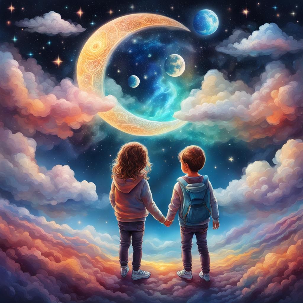 Children Watch Moon, Cosmic Astral Illustration