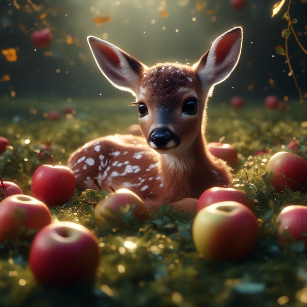 Baby Deer in Enchanted Pasture Eating Apple