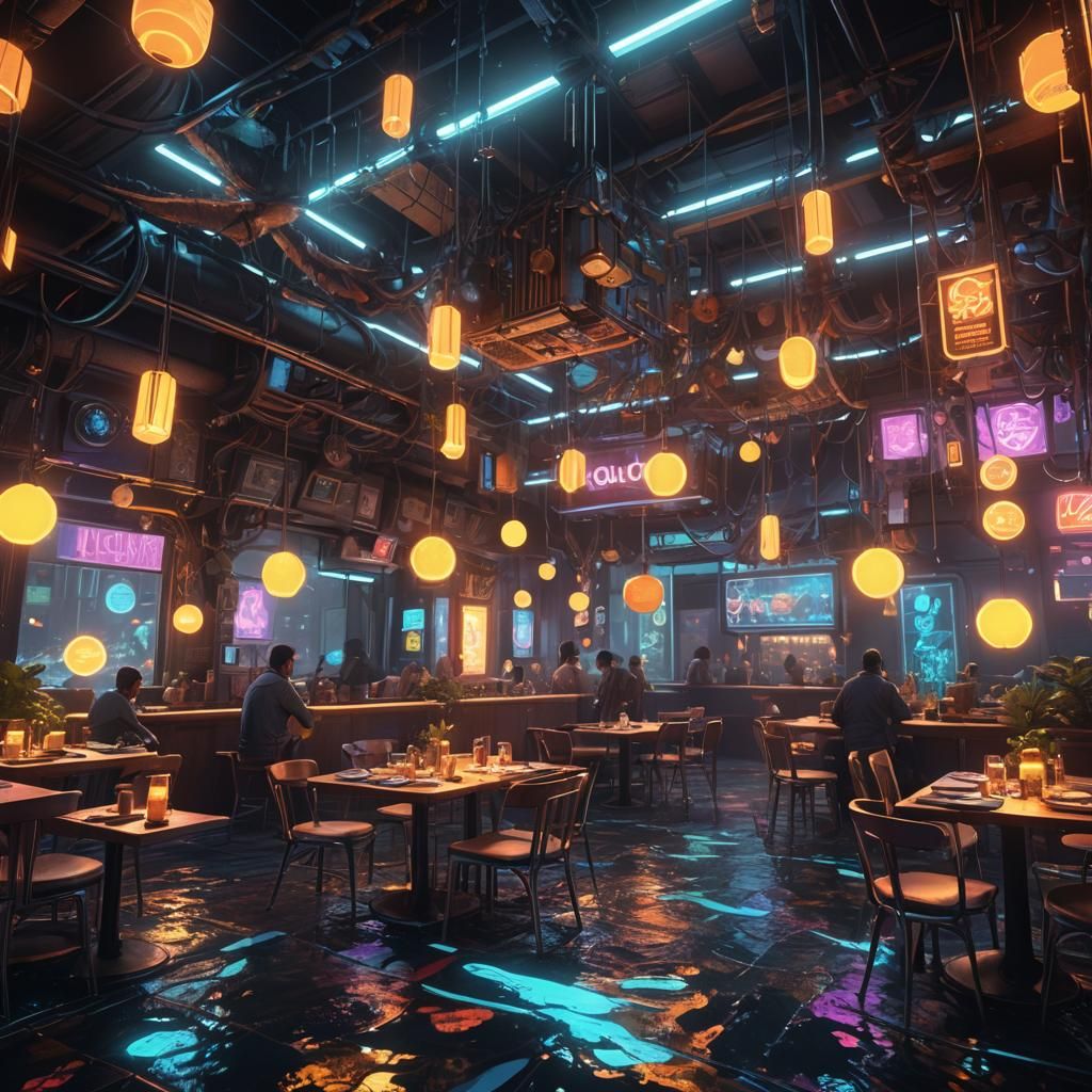 Hyperdetailed Neon Cityscape in Art Nouveau Style