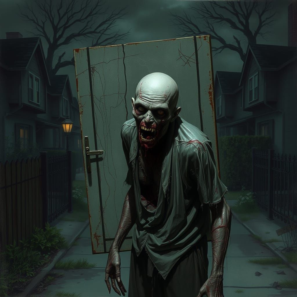 Decaying Horror Figure with Tattered Screen Door Shield