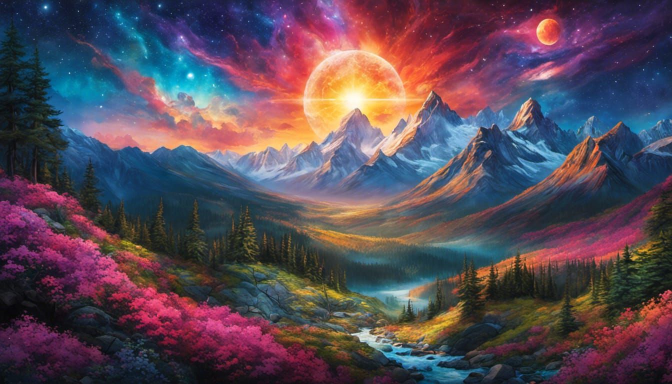 Cosmic Mountain Landscape Painting with Waterfalls