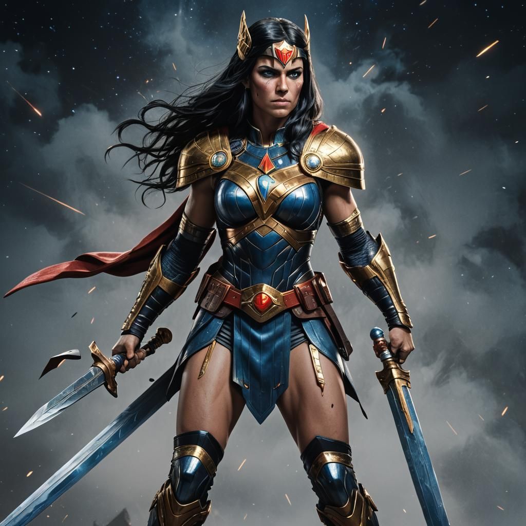 Big Barda Hyperrealistic Splash Art with Sword