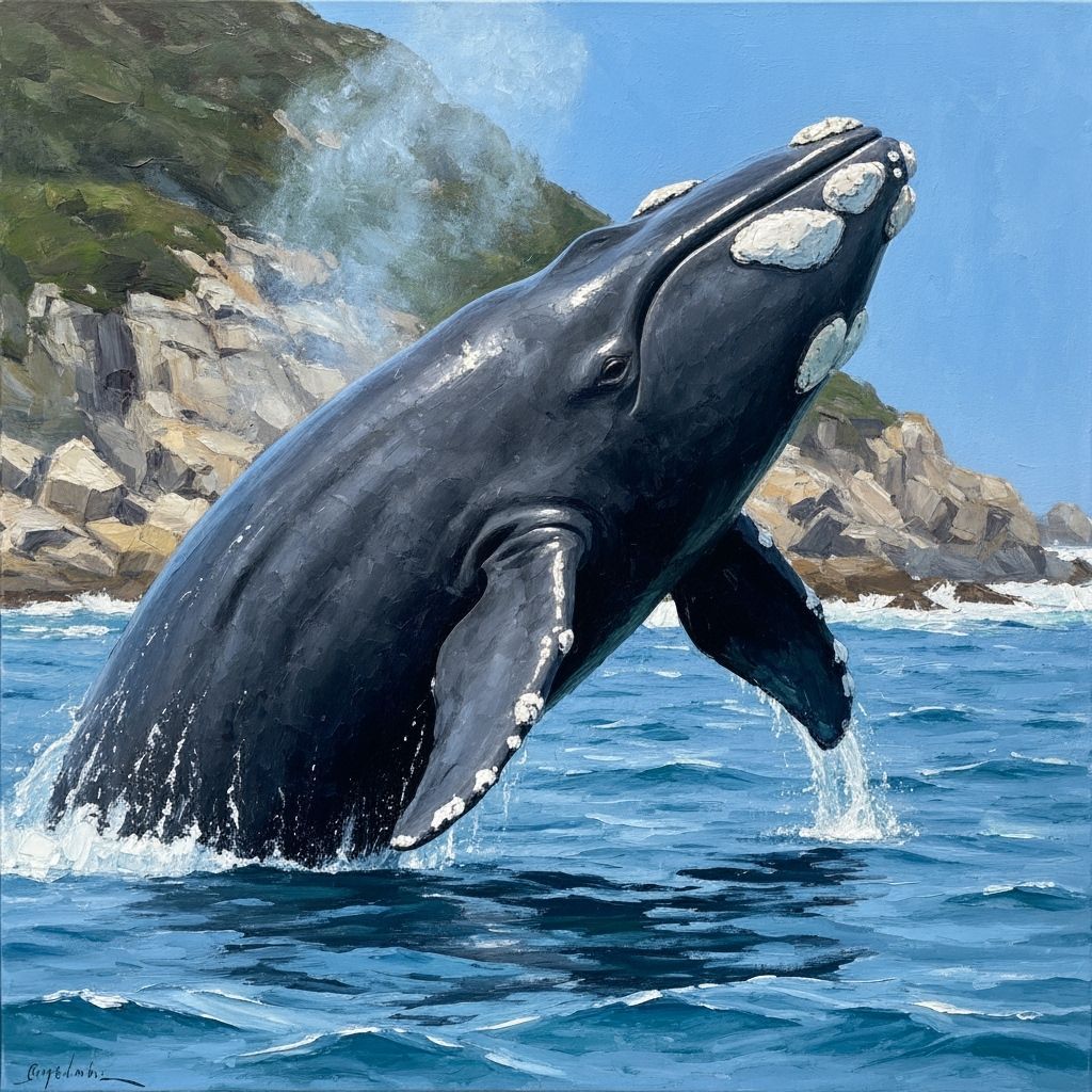 Southern Right Whale Leaping, Impasto Oil Painting
