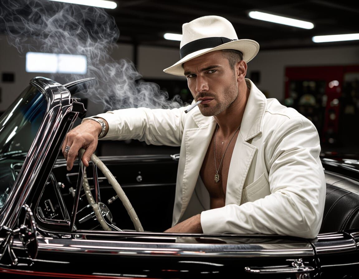 Gangster Man in Vintage Car, Chicago Garage