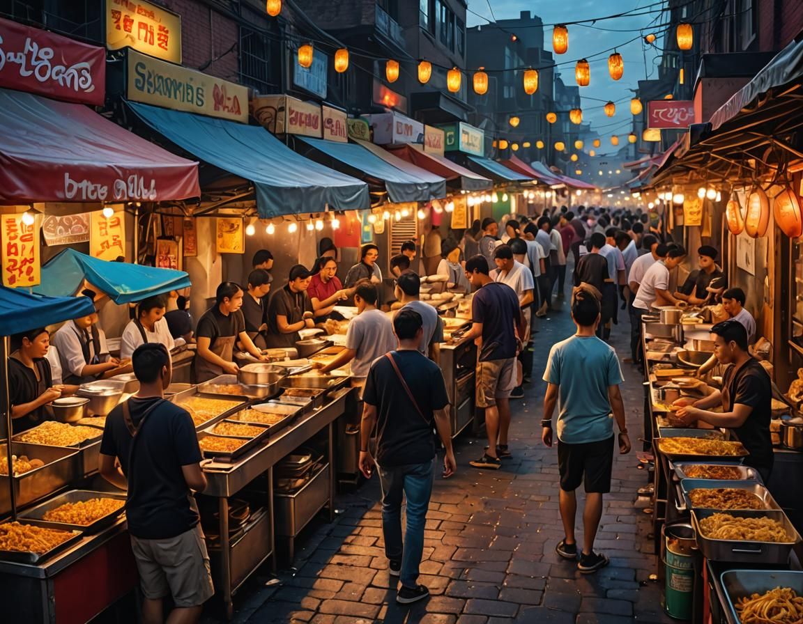 Vibrant Street Food Market at Twilight