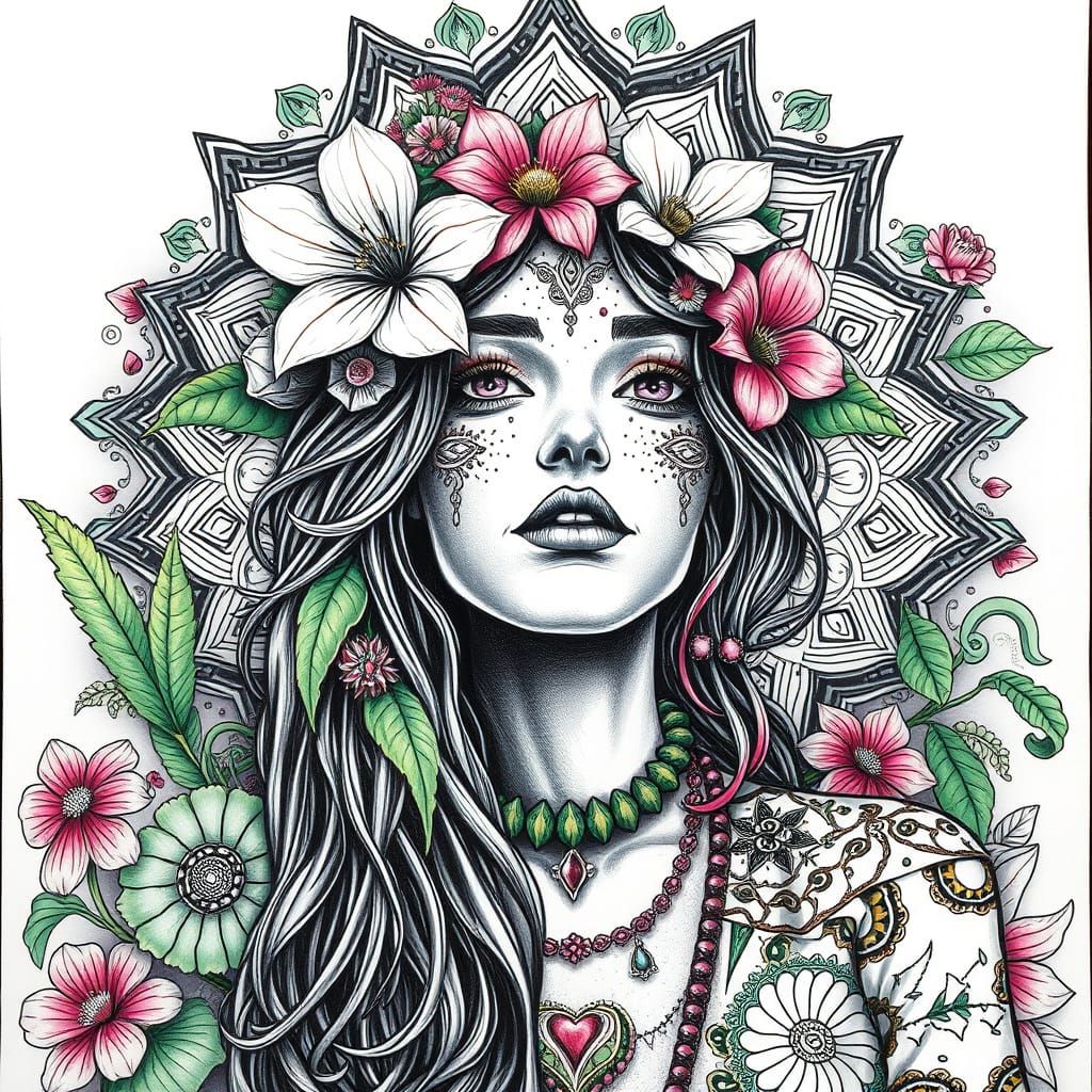 Dreamlike Hippie Goddess in Charcoal Drawing