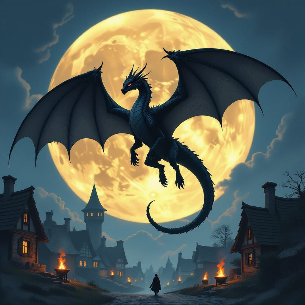 Ominous Dragon Silhouette Over Medieval Village