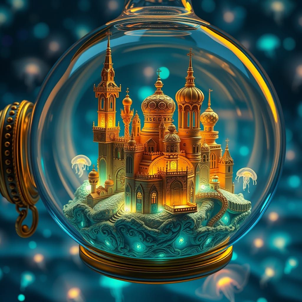 Golden City in a Bottle, 3D Surreal Art