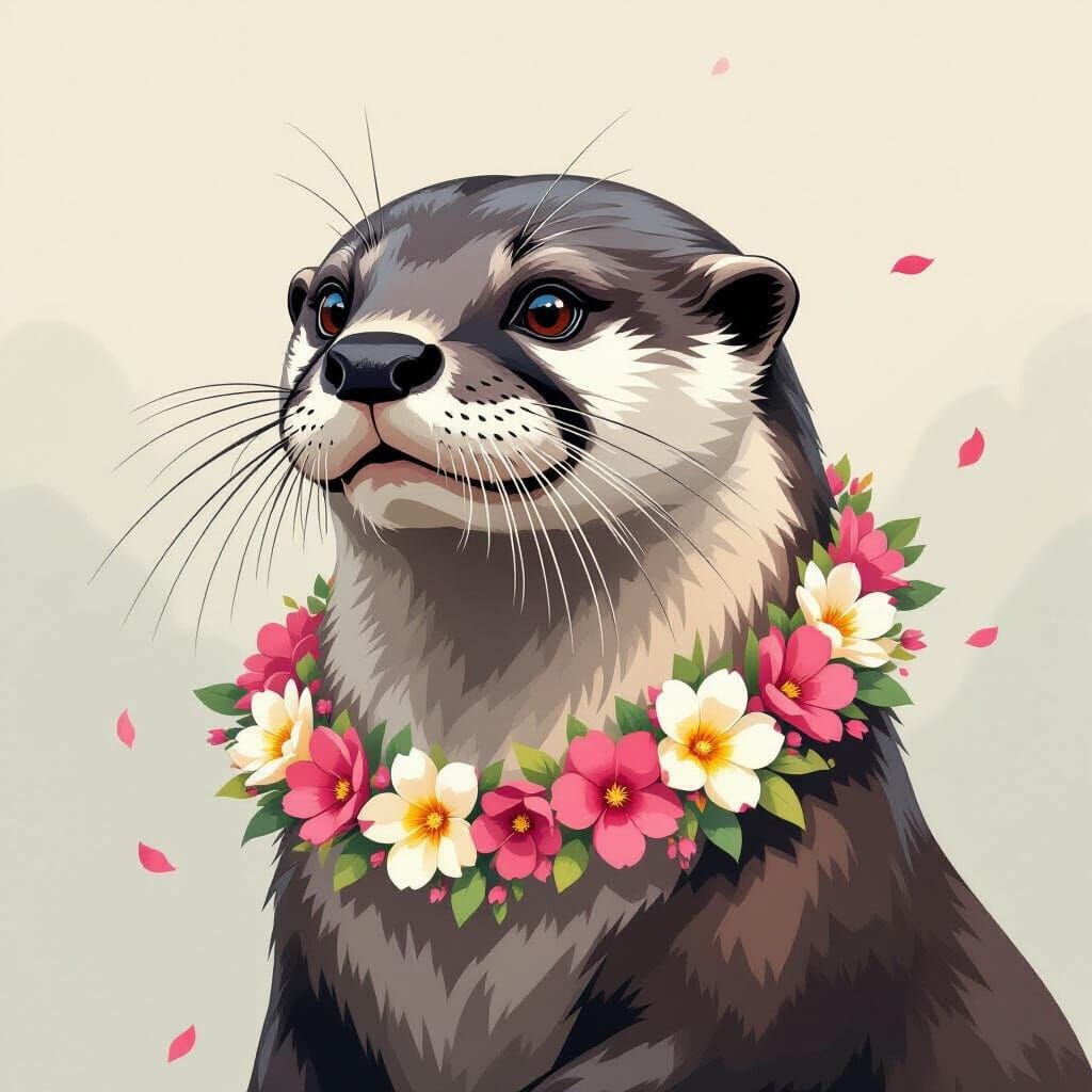 Masked Otter Portrait with Luminous Floral Collar