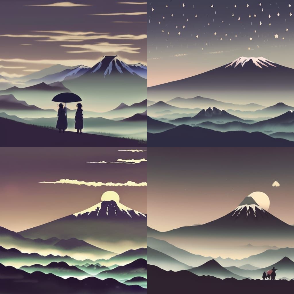 Charcoal Umbrellas in Storm with Mount Fuji