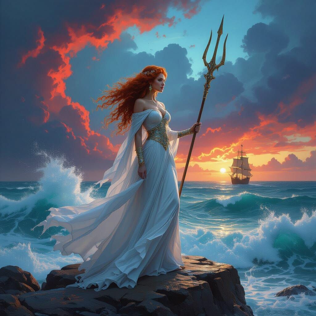 Regal Woman Wielding Trident Amidst Epic Storm Waves