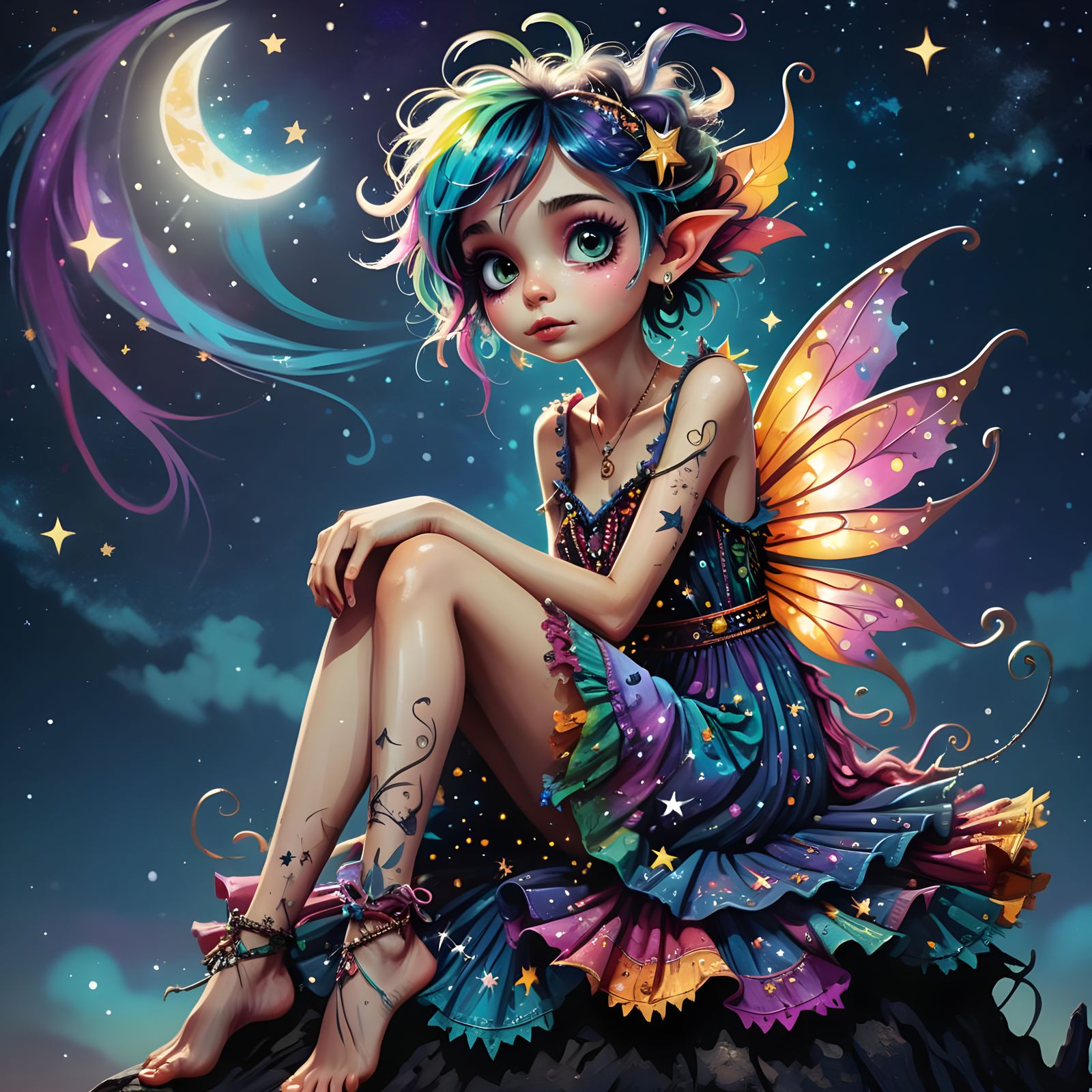 Whimsical Punky Pixie in Starry Night Sky
