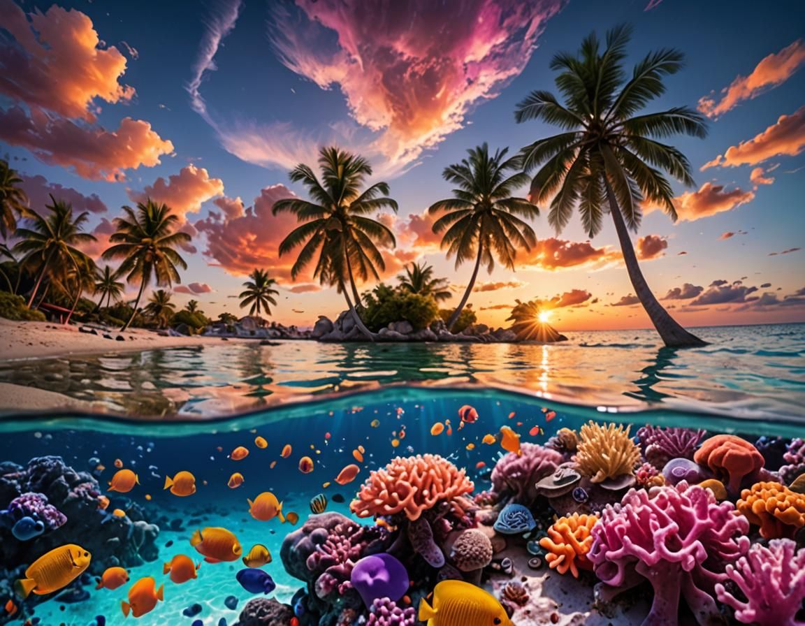 Tropical Sunset Beach with Coral Reef in Anime Style