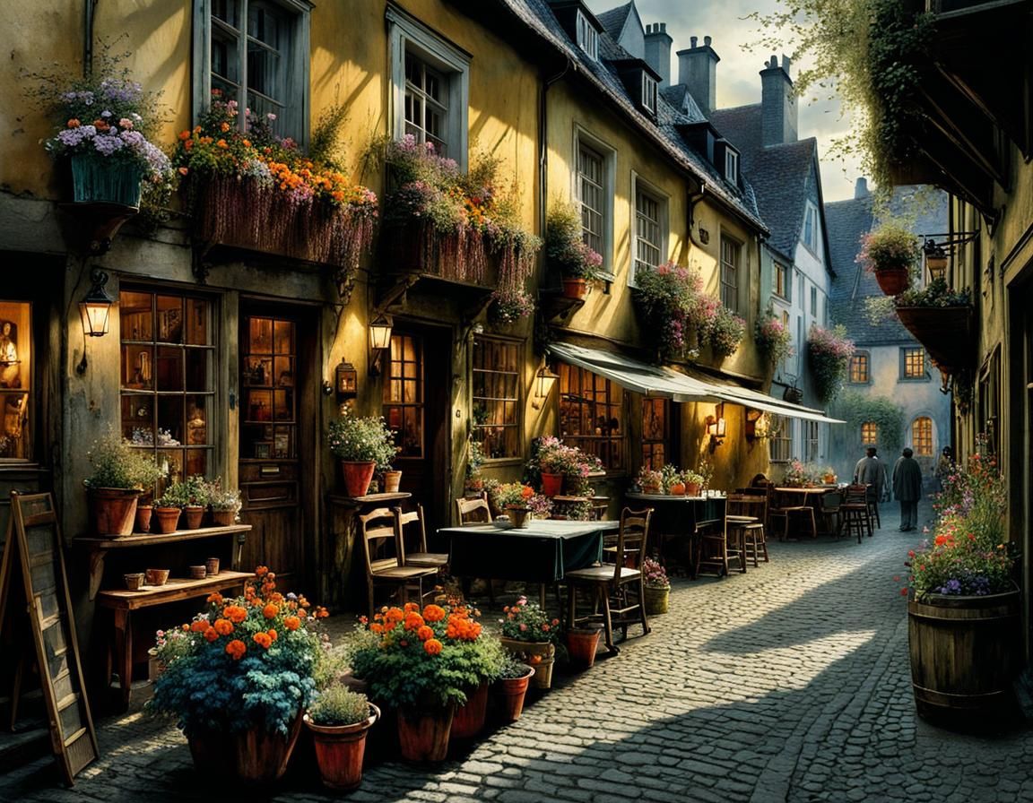 Vibrant German Old Town Courtyard in Whimsical Style