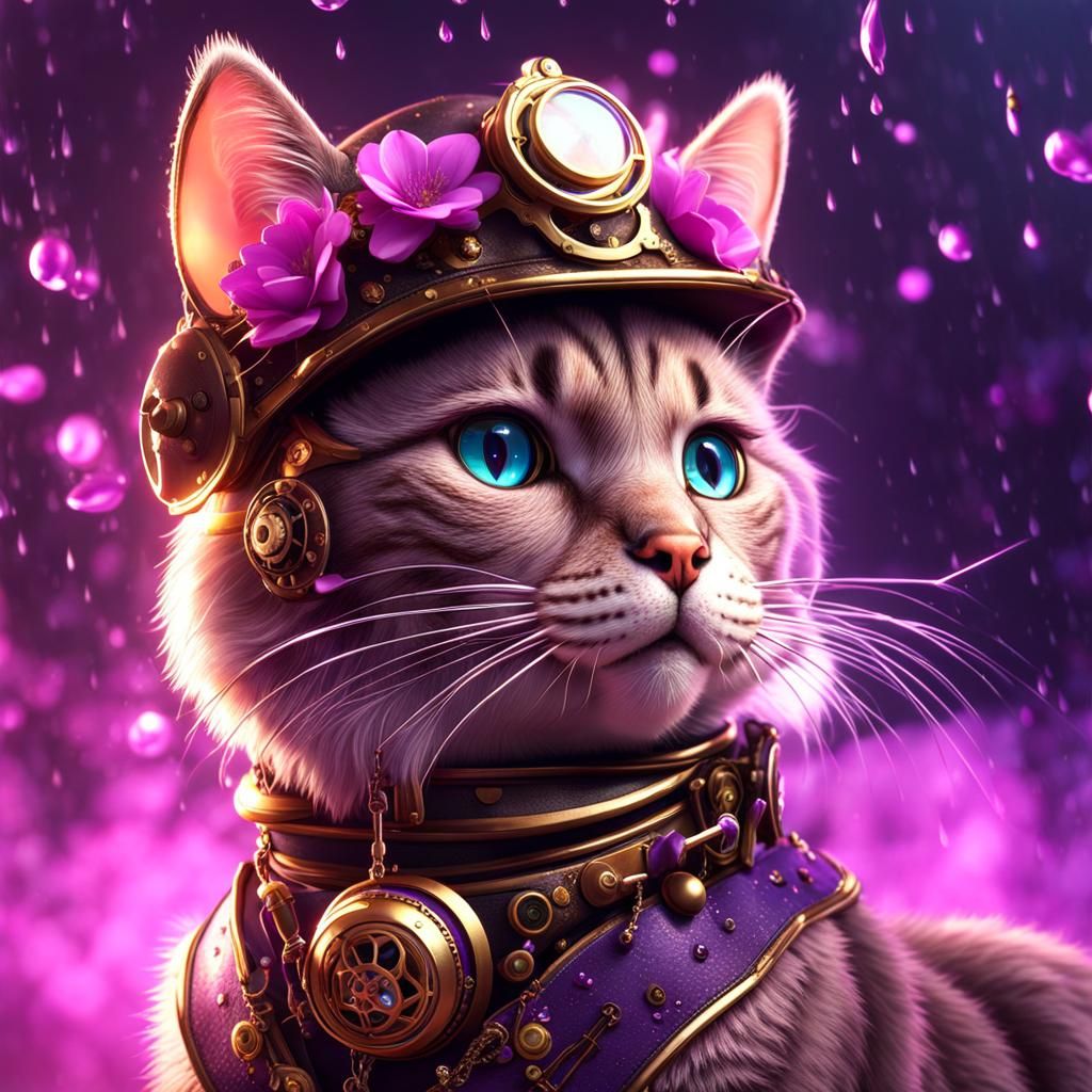 Steampunk Cat in Pink Mist with Gold Rain