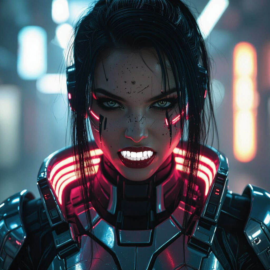 Cyberpunk Girl with Neon Warpaint and Chrome Armor