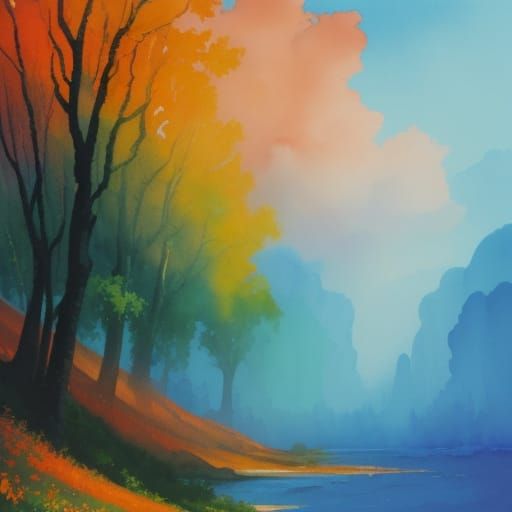 Vibrant Orange and Blue Abstract with Thick Gouache Brush St...