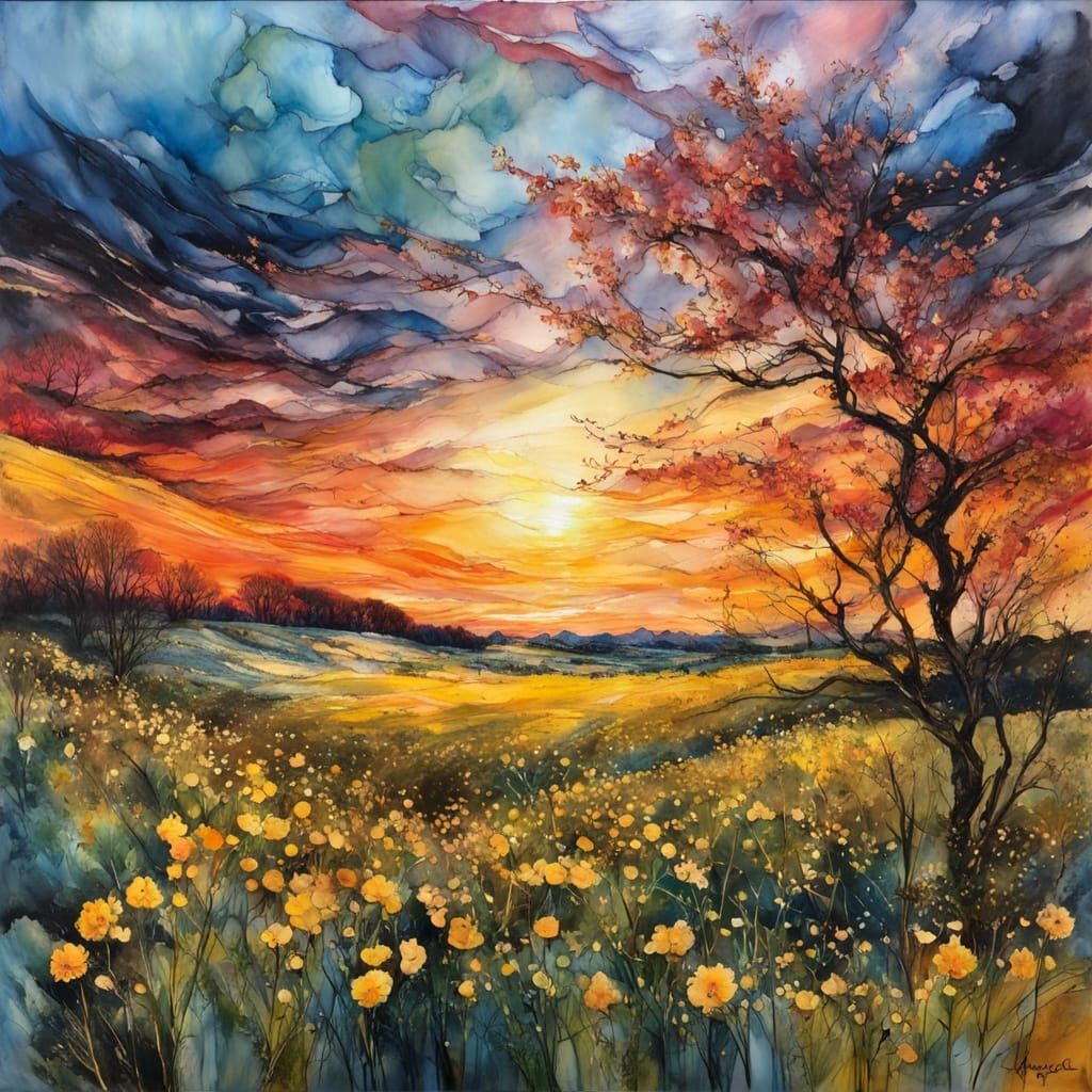 Encaustic spring landscape