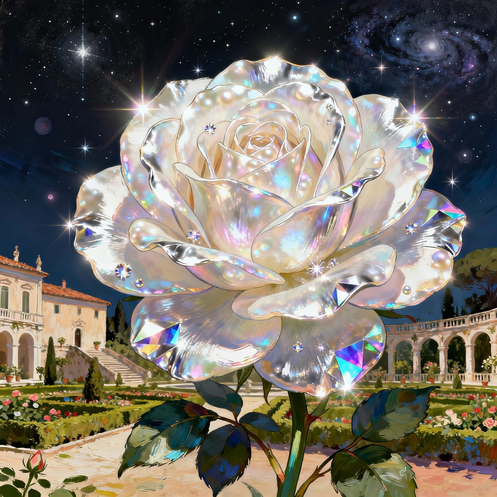 Radiant Rose Portrait in a Cosmic Garden