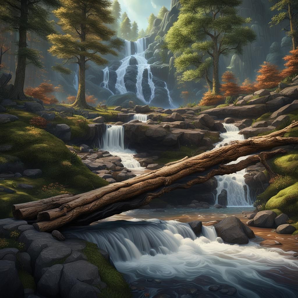 Waterfall in Rocky Mountain Stream: Naturalism Digital Rende...