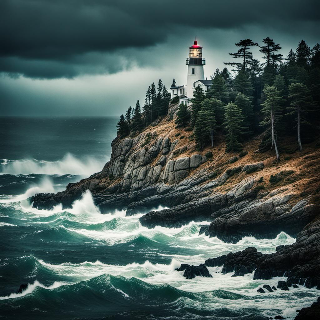 Stormy Lighthouse on Rocky Bluff: Cinematic Film Still