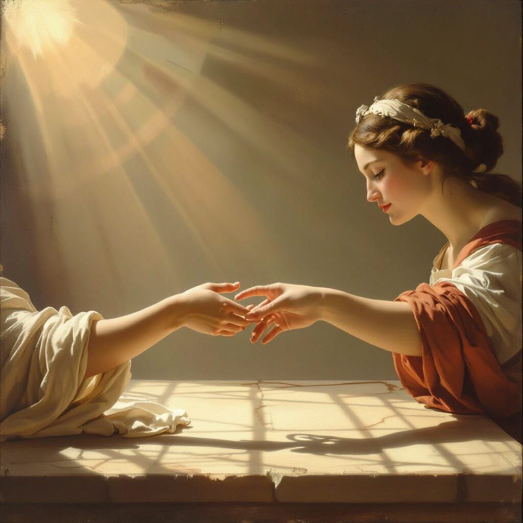 Two Women Touch Hands in Renaissance Style