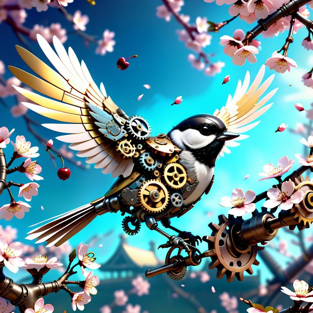 Steampunk Chickadee in Cherry Blossom Garden