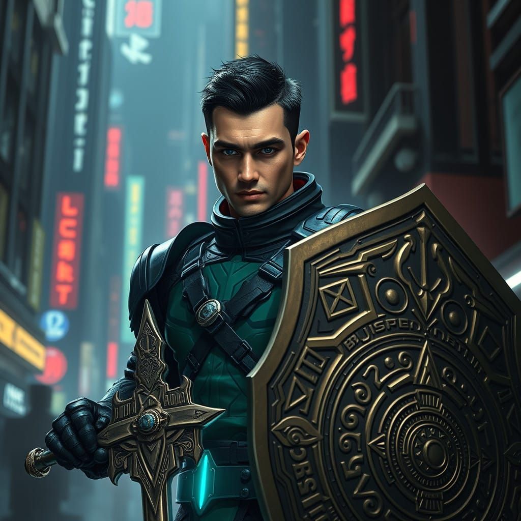 Cybernetic Black Paladin in Dystopian Cityscape