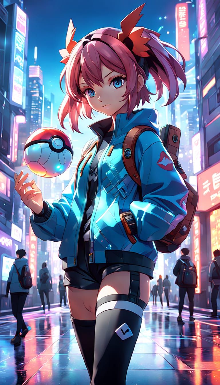 Vibrant Cityscape Girl Holding a Pokeball in 3D Anime Style