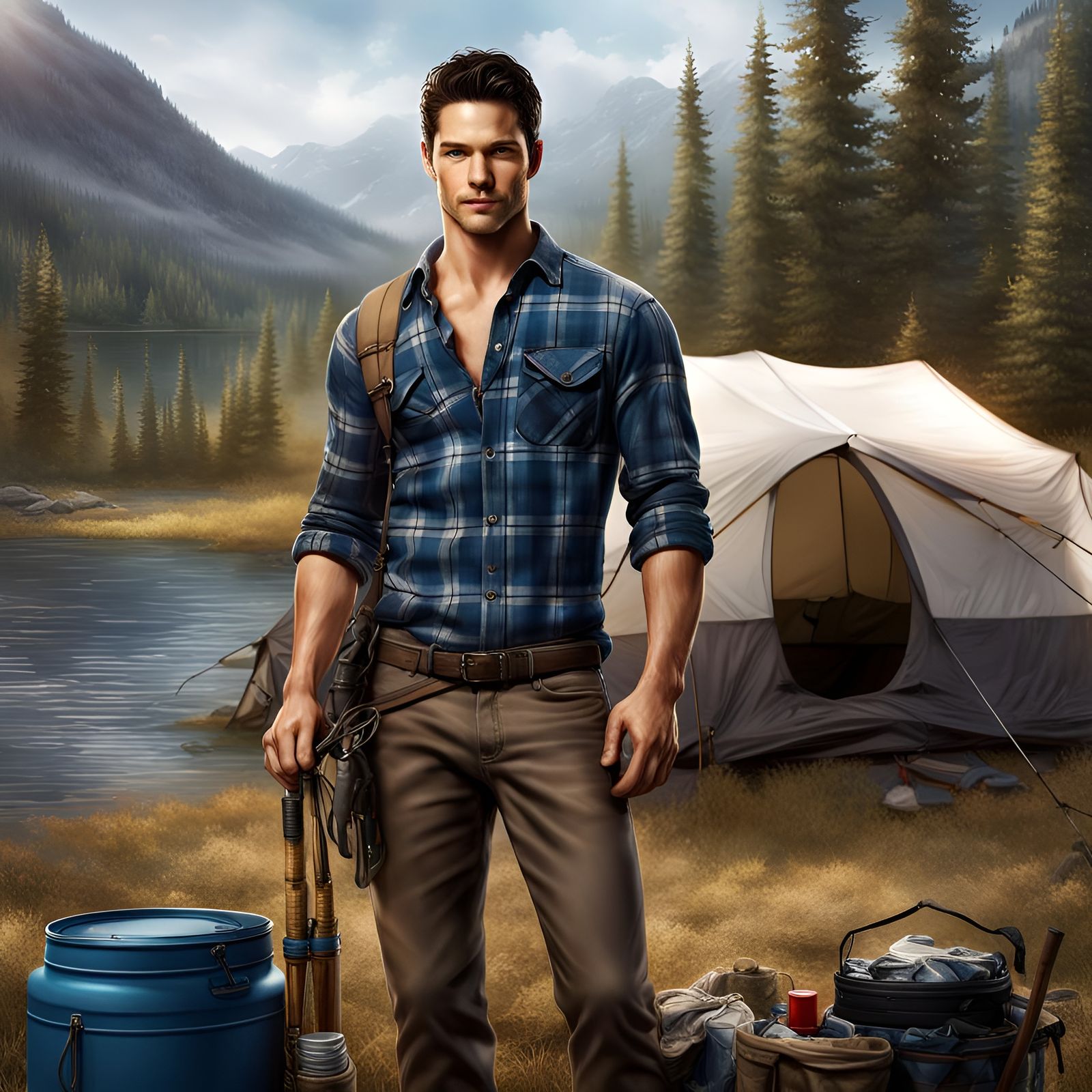 Handsome Man at Campsite: Detailed Matte Painting