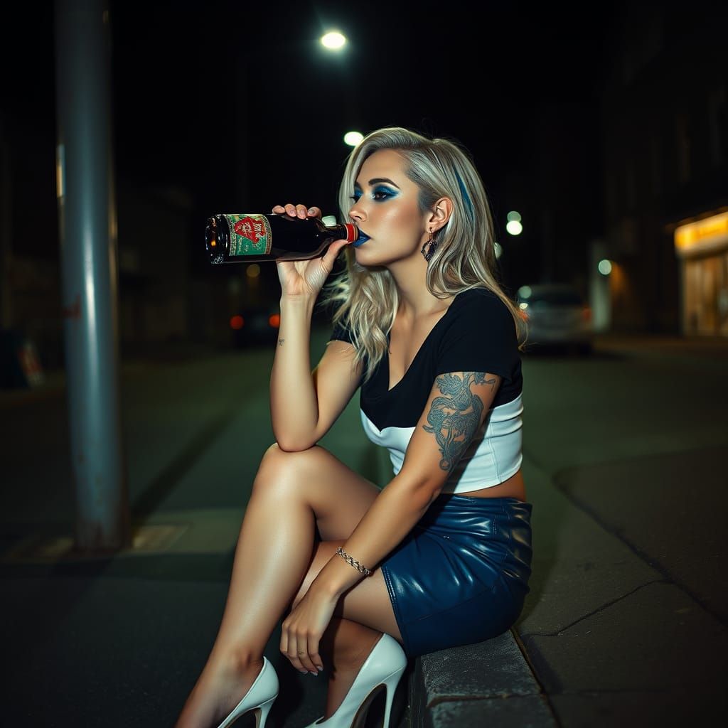 Nightlife Glamour: Woman with Blue Streaks in Cinematic Scen...