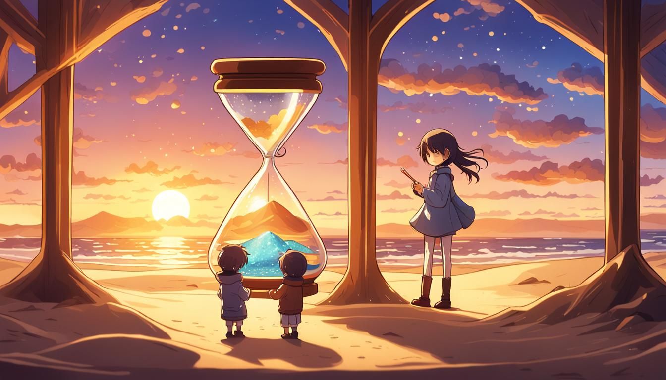 Hourglass People in Setting Sun: Anime Style